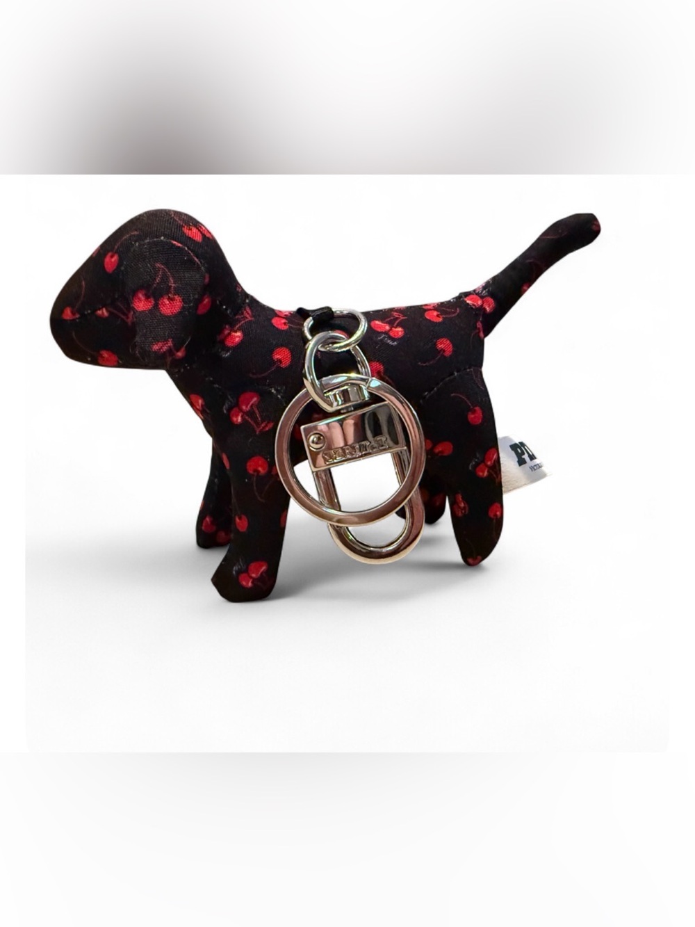 PINK Victoria's Secret Black Cherry Print Dog Keychain with Silver Hardware